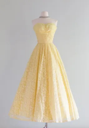 1950's Belle Of The Ball Strapless Yellow Lace Prom Dress / XXS