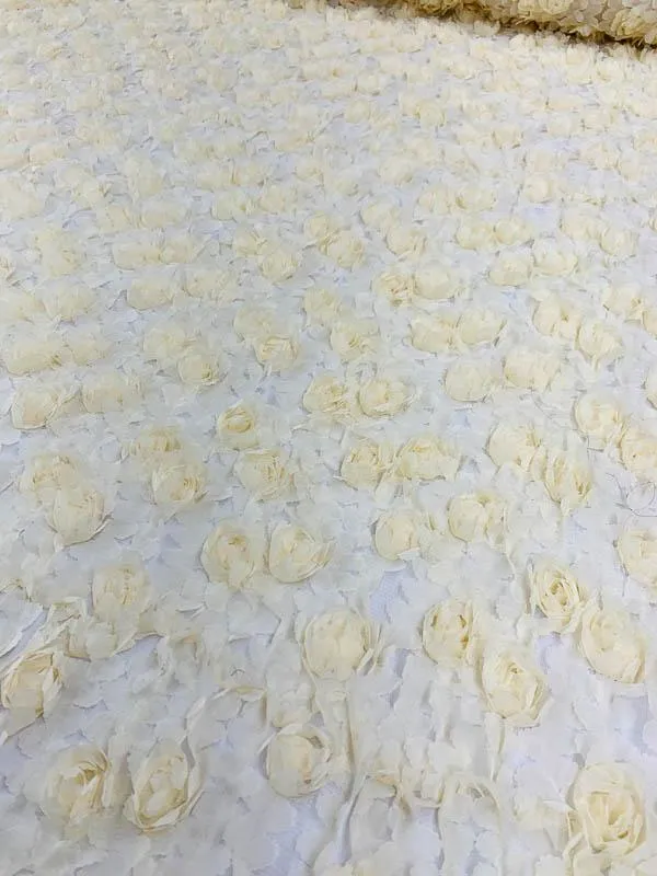 3D Floral Rosettes on Tulle - Butter Yellow