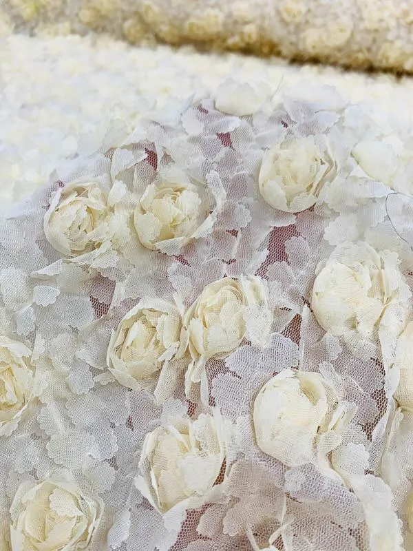 3D Floral Rosettes on Tulle - Butter Yellow