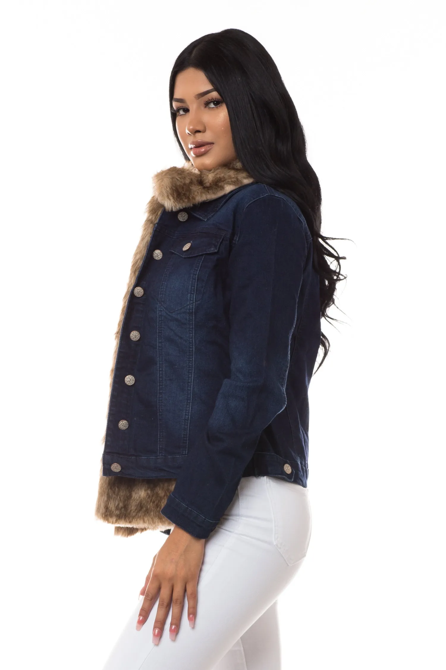 8018 Women's Faux Fur Lined Denim Jacket