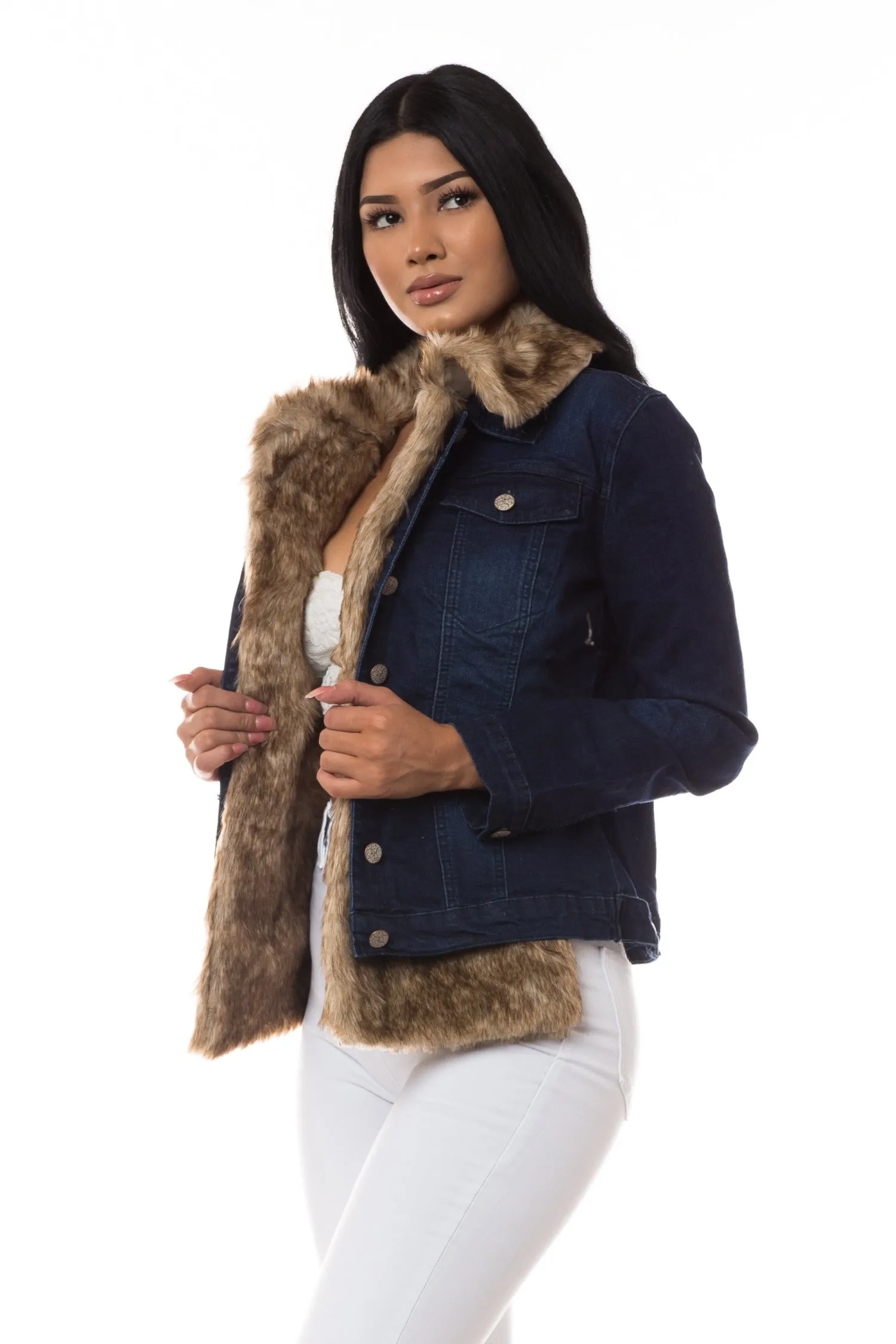 8018 Women's Faux Fur Lined Denim Jacket