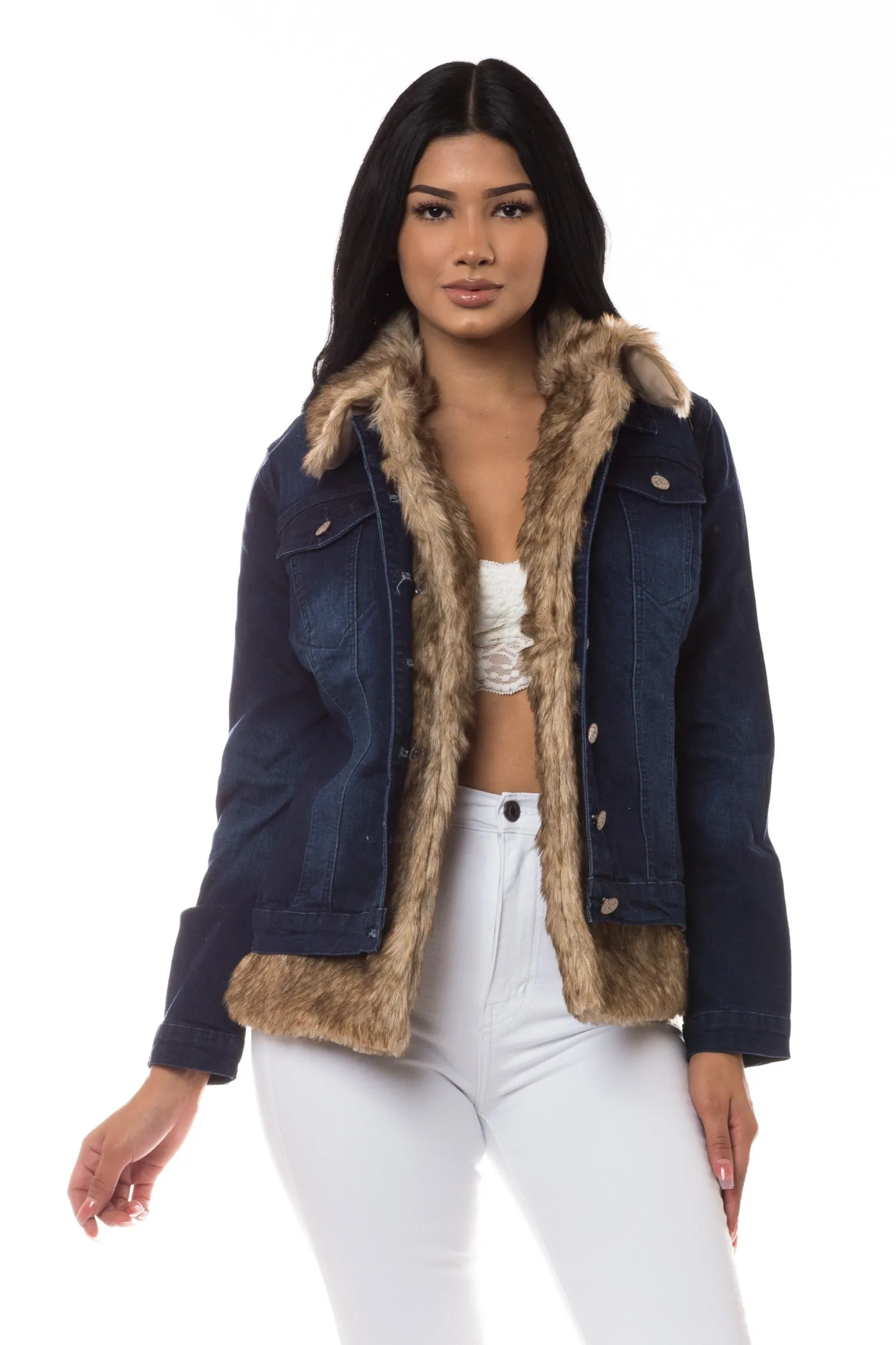 8018 Women's Faux Fur Lined Denim Jacket