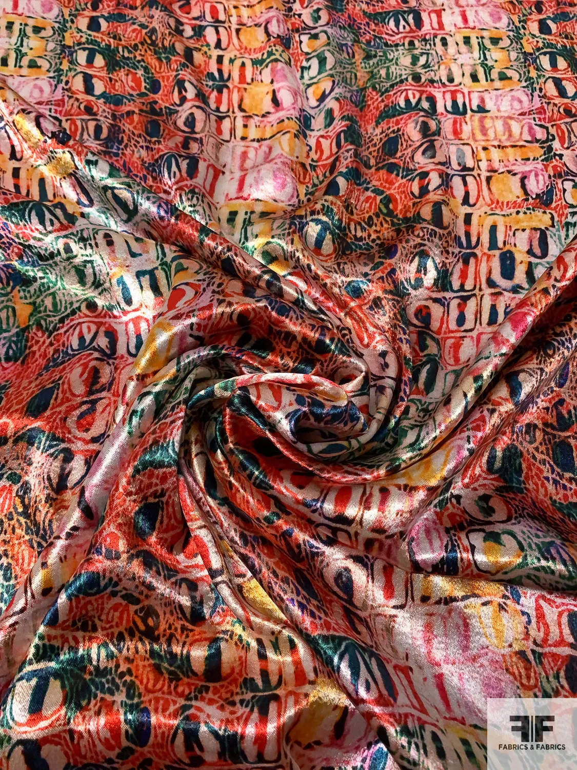 Abstract Animal-Like Pattern Printed Stretch Polyester Satin - Multicolor