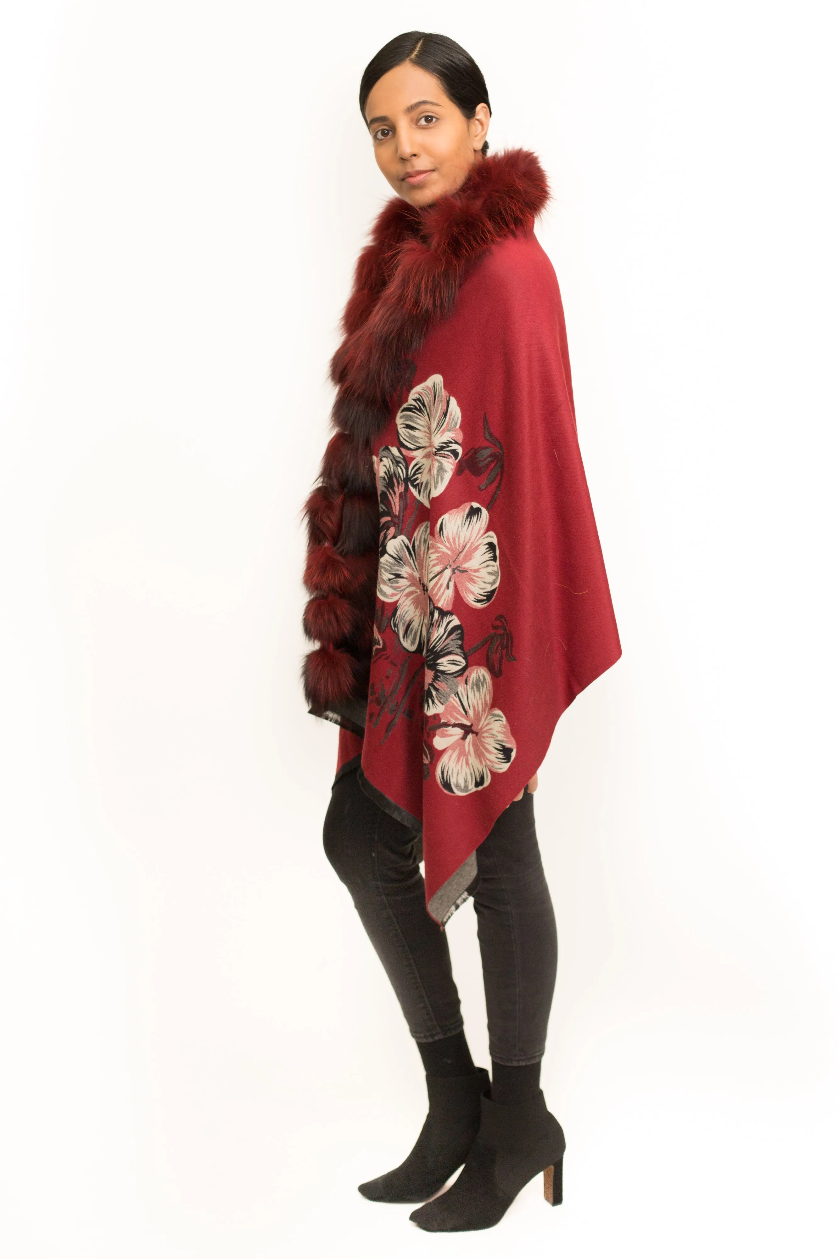 ADUR - Printed Cashmere Wrap with Fur Trim