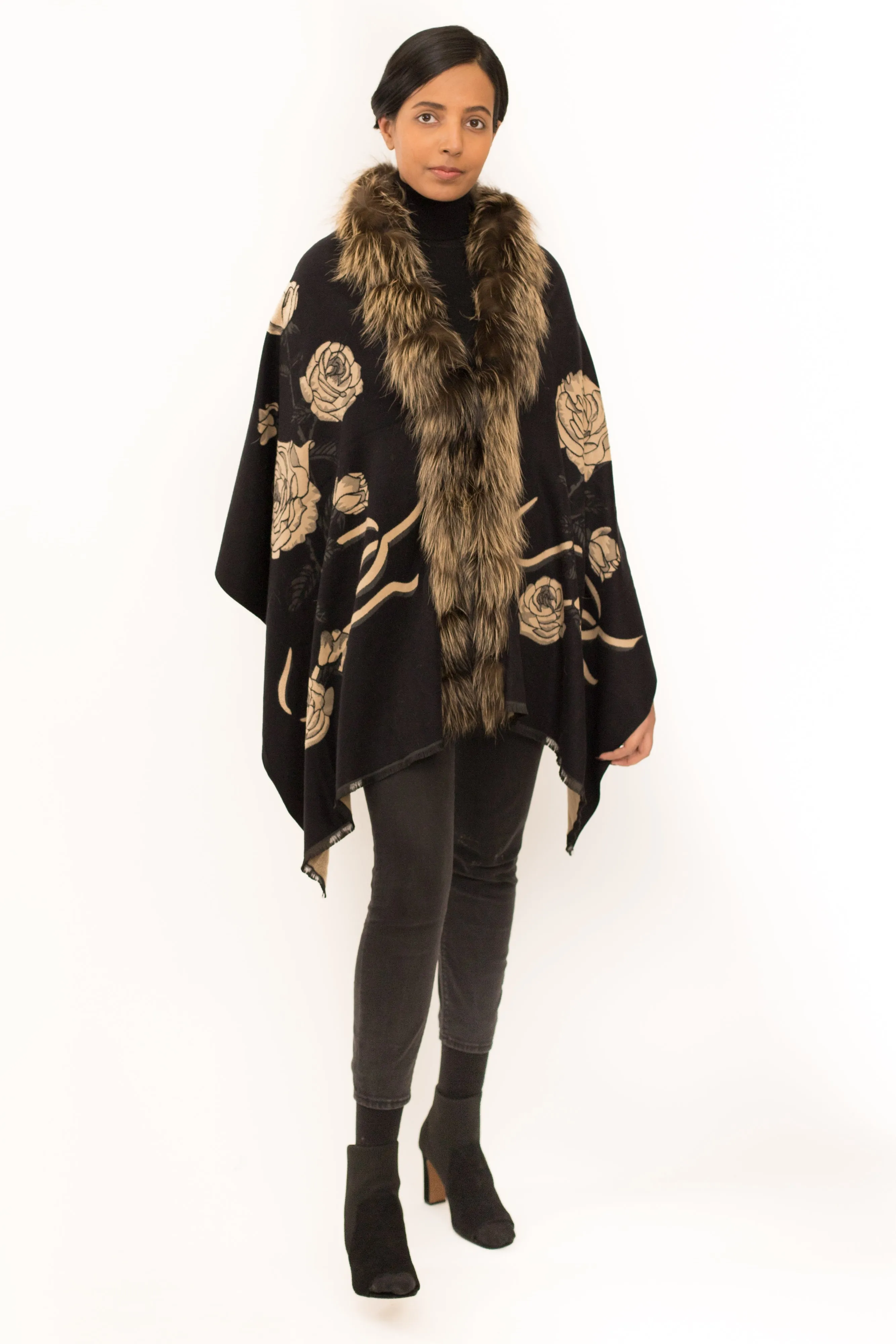 ADUR - Printed Cashmere Wrap with Fur Trim