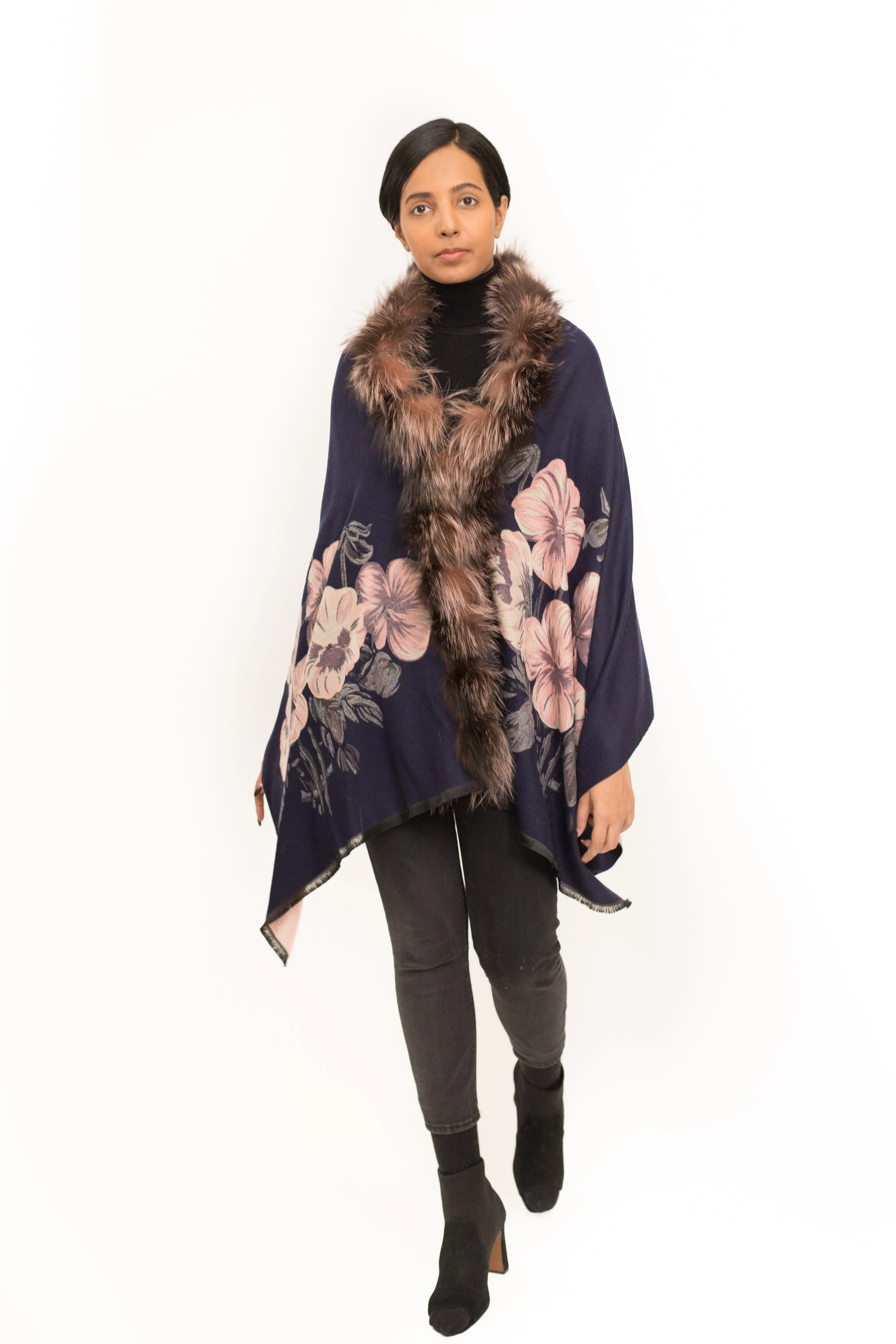 ADUR - Printed Cashmere Wrap with Fur Trim