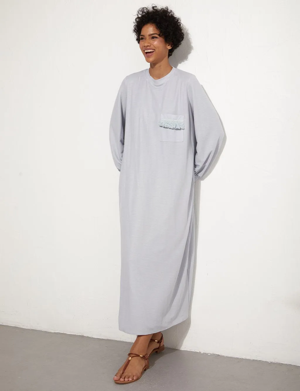 Back Pleated Blue Long Dress