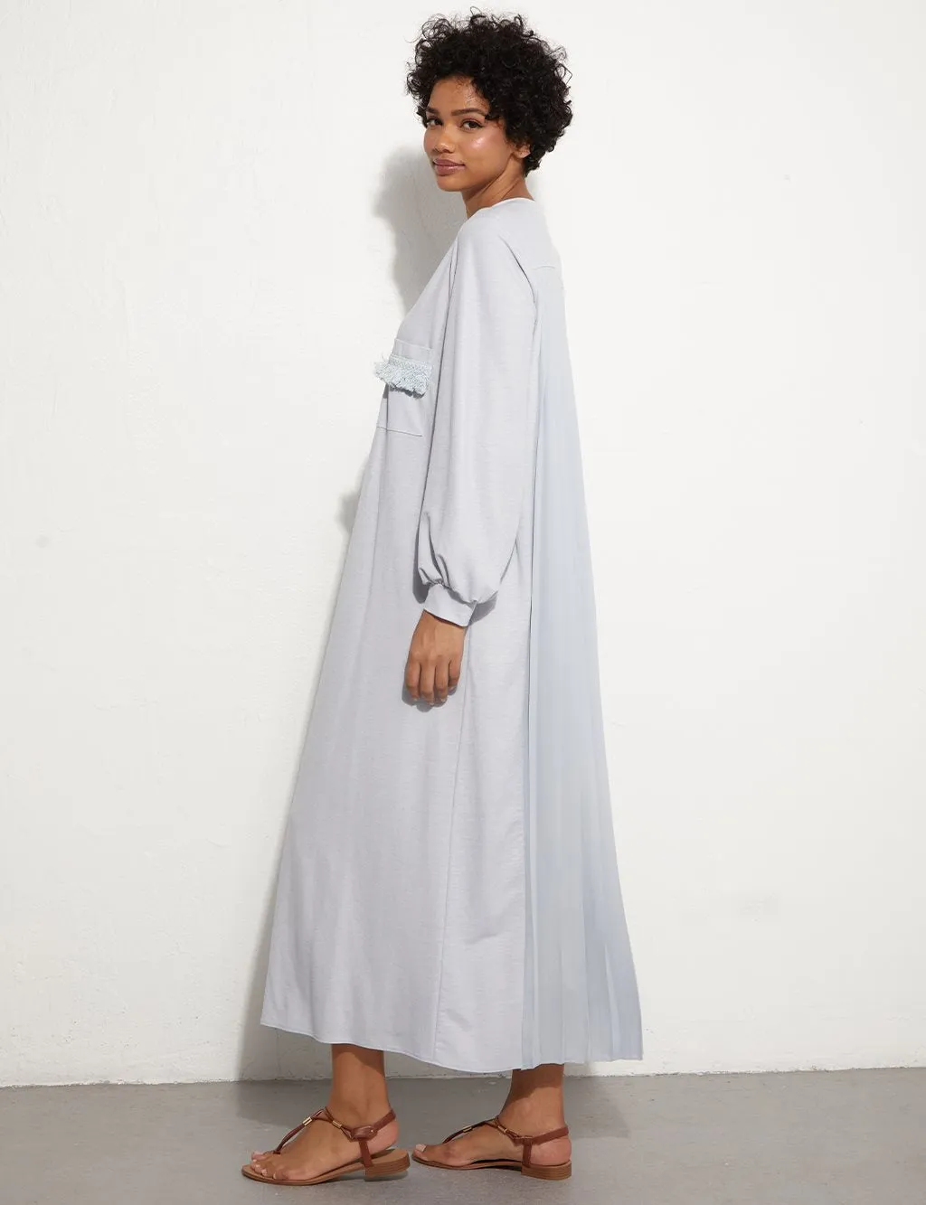Back Pleated Blue Long Dress