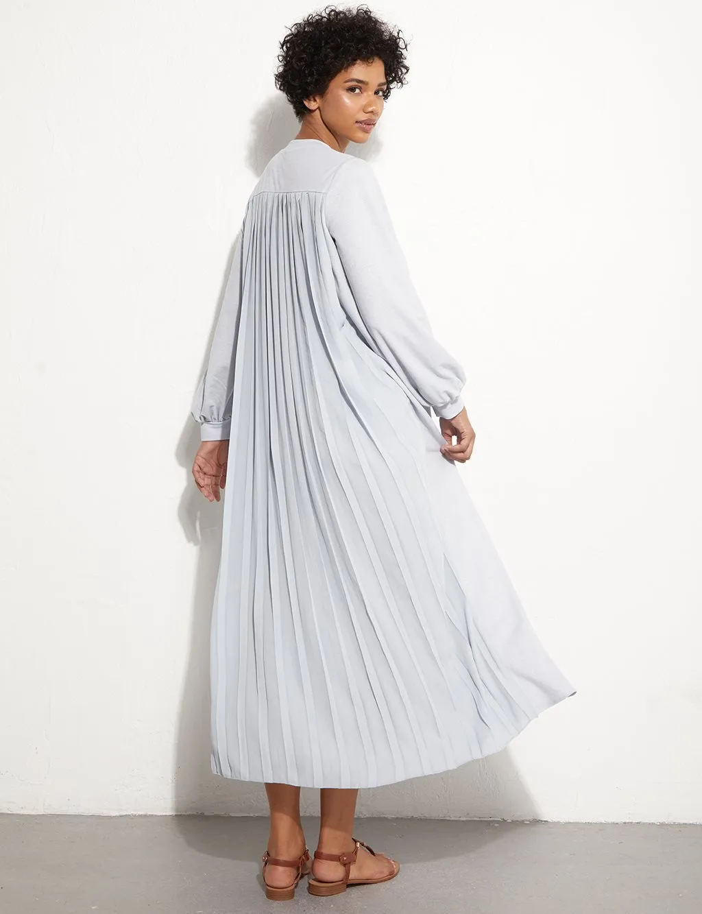 Back Pleated Blue Long Dress