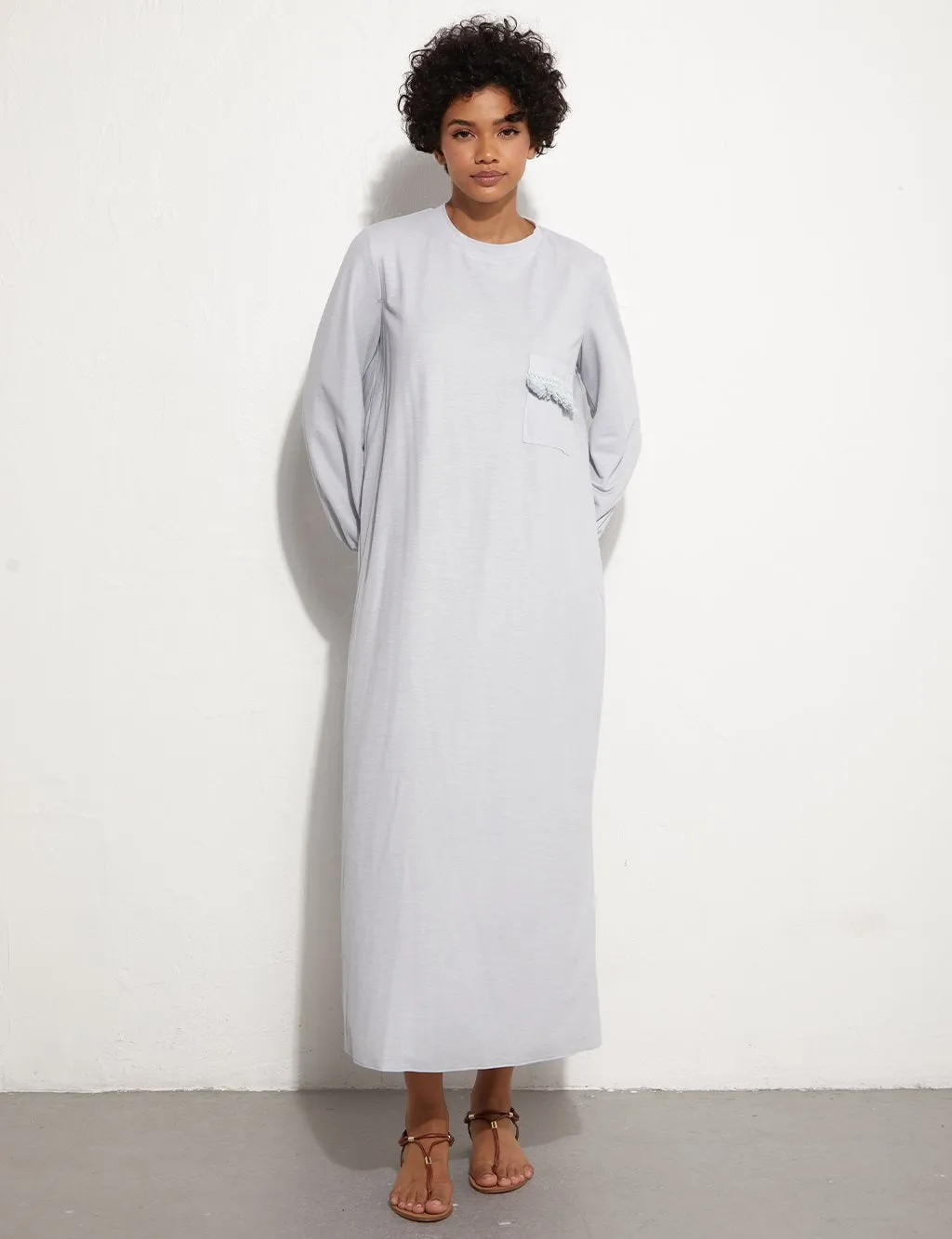 Back Pleated Blue Long Dress