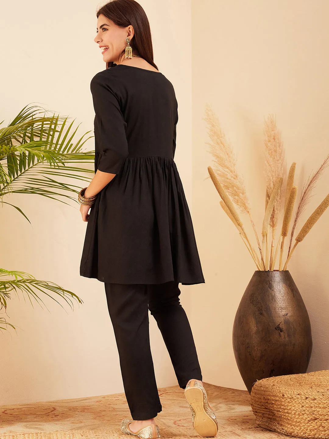 Black Round Neck Square Gota Work Kurta Pant Set