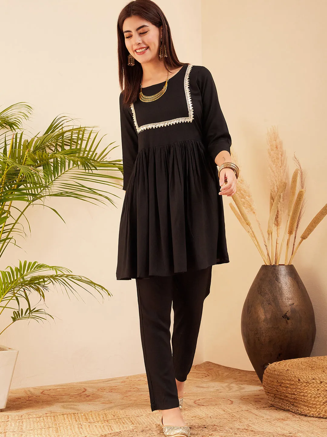 Black Round Neck Square Gota Work Kurta Pant Set