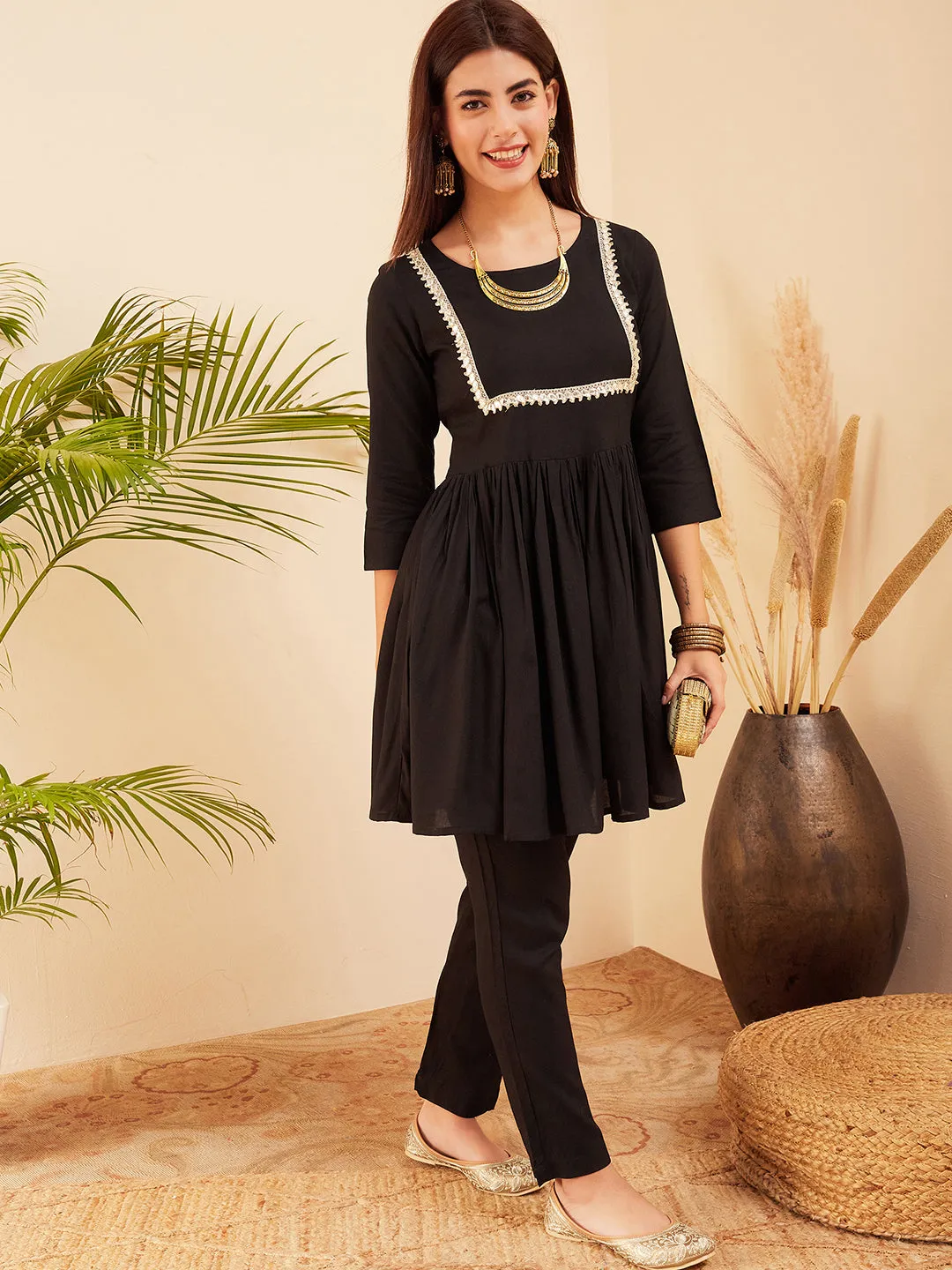 Black Round Neck Square Gota Work Kurta Pant Set