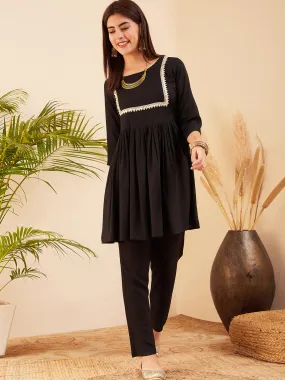 Black Round Neck Square Gota Work Kurta Pant Set