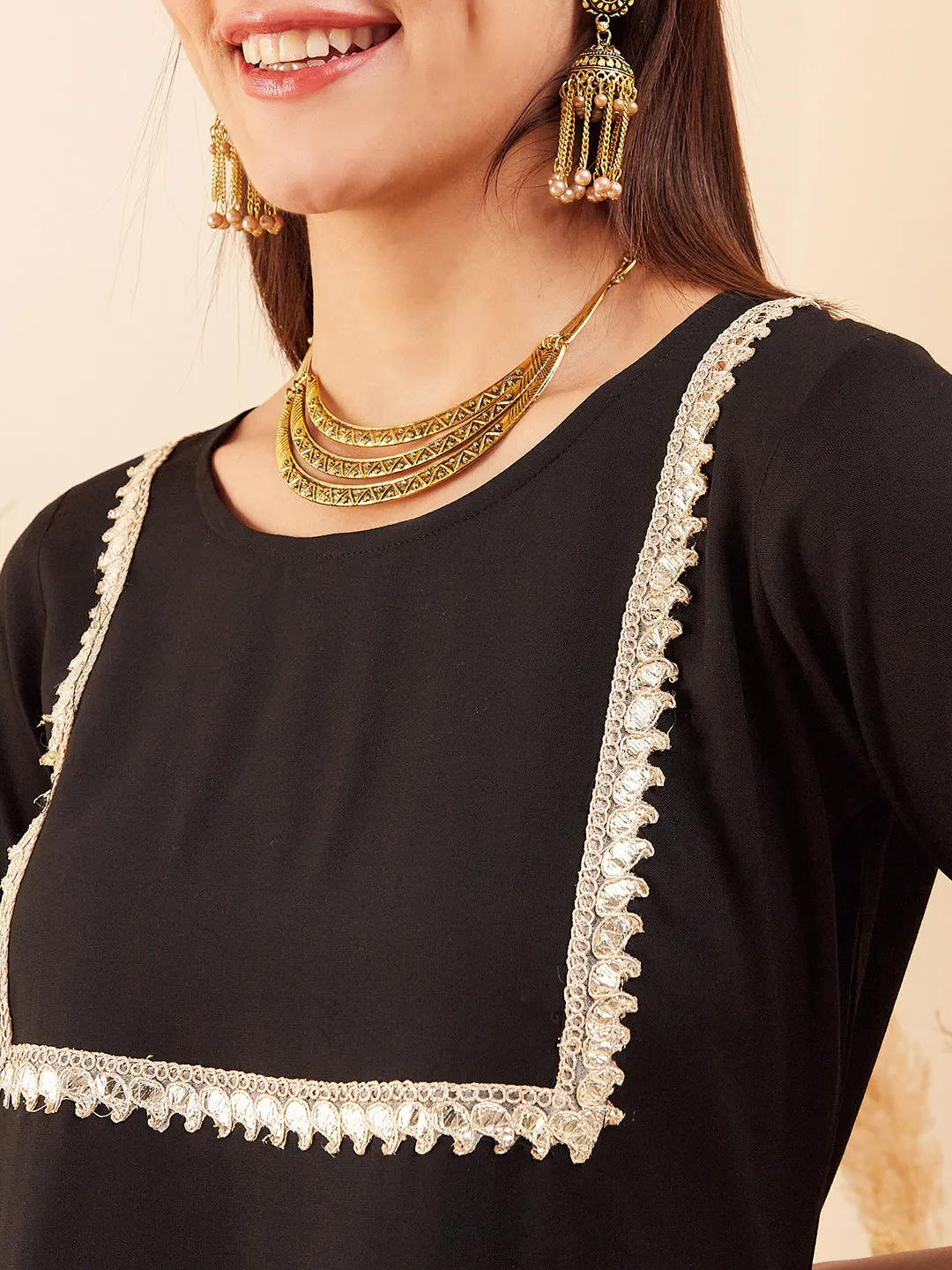 Black Round Neck Square Gota Work Kurta Pant Set