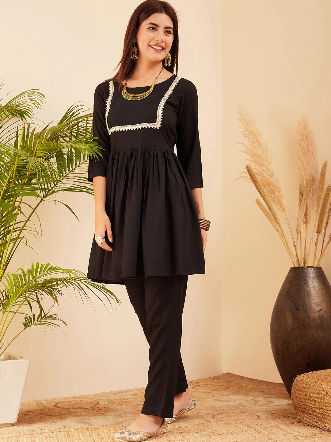 Black Round Neck Square Gota Work Kurta Pant Set