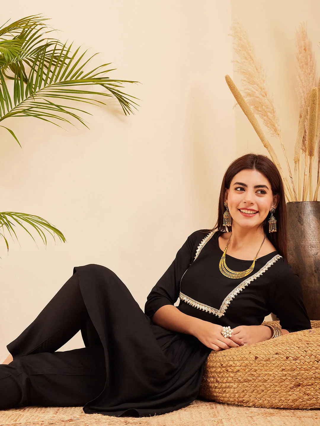 Black Round Neck Square Gota Work Kurta Pant Set