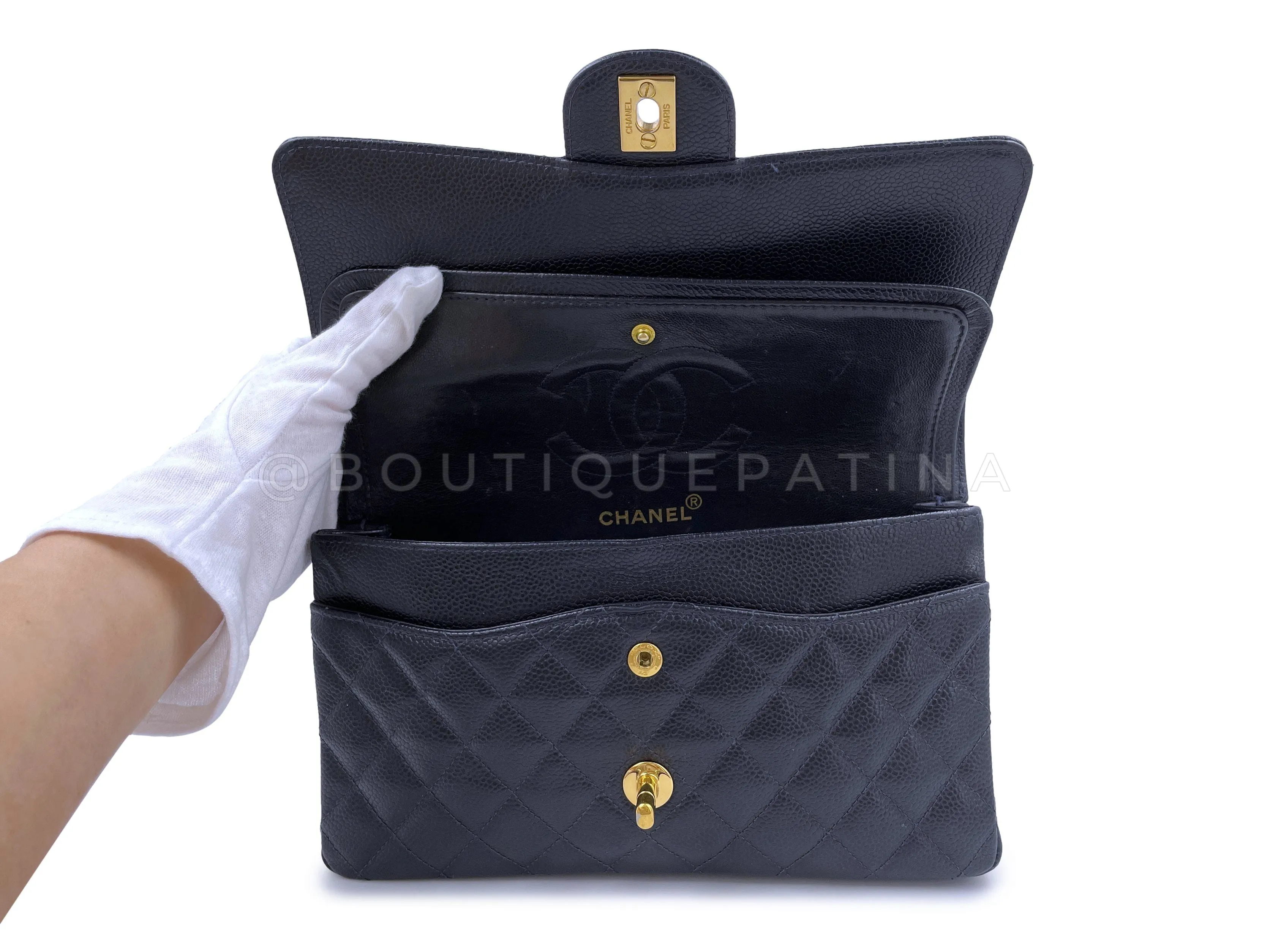Chanel 1998 Vintage Dark Blue Caviar Medium Classic Double Flap Bag 24k GHW