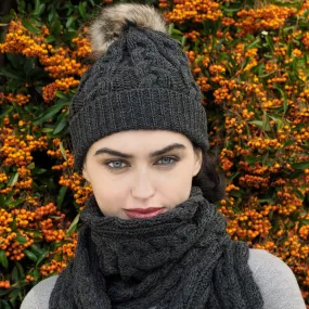 Charcoal Aran Wool Hat with Bobble