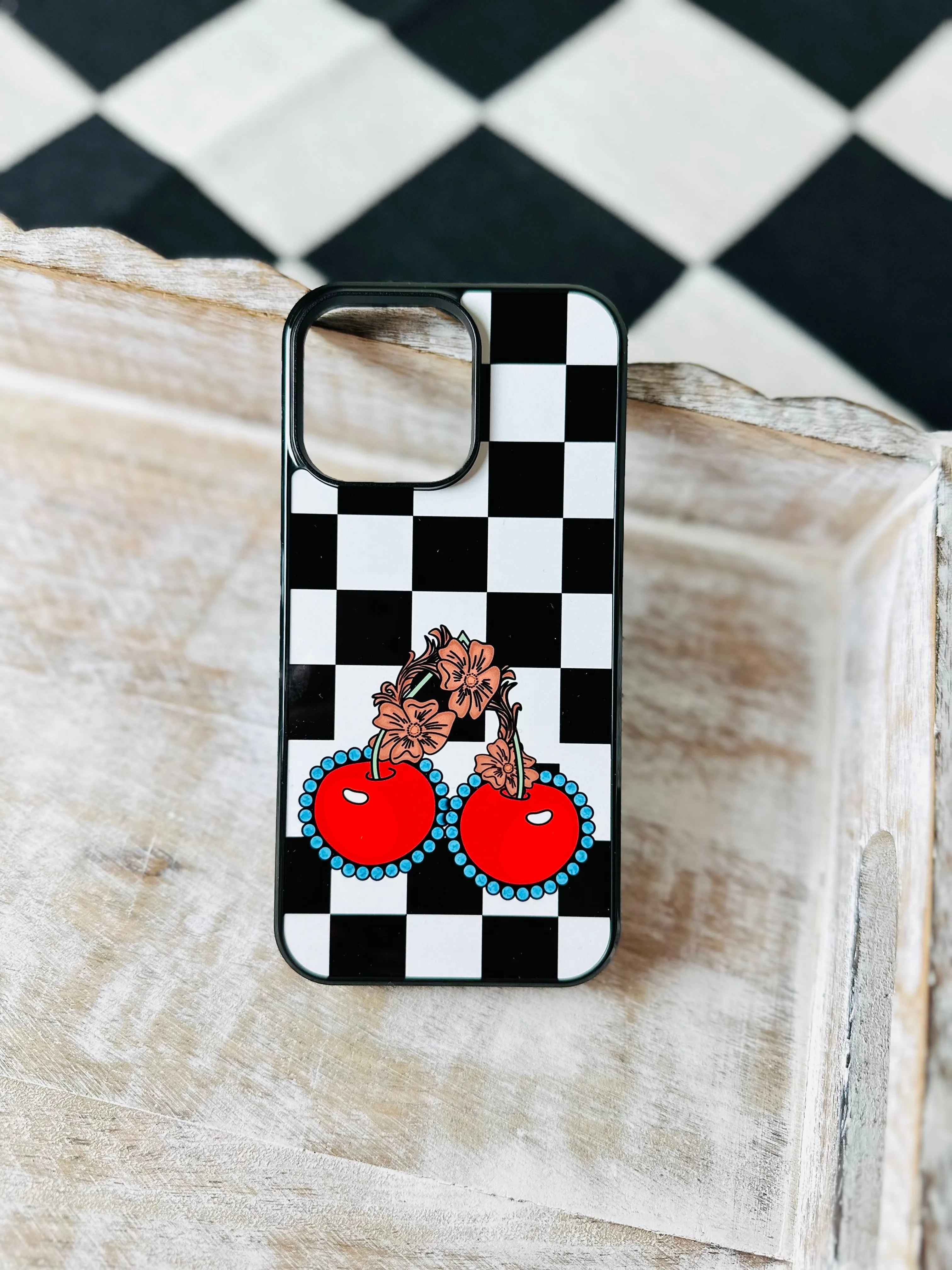 Checkered cherries phone case for iPhone and Samsung
