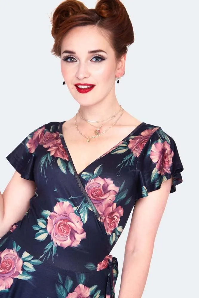 Dark Floral Flutter Sleeve Wrap Dress