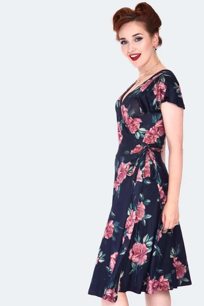 Dark Floral Flutter Sleeve Wrap Dress