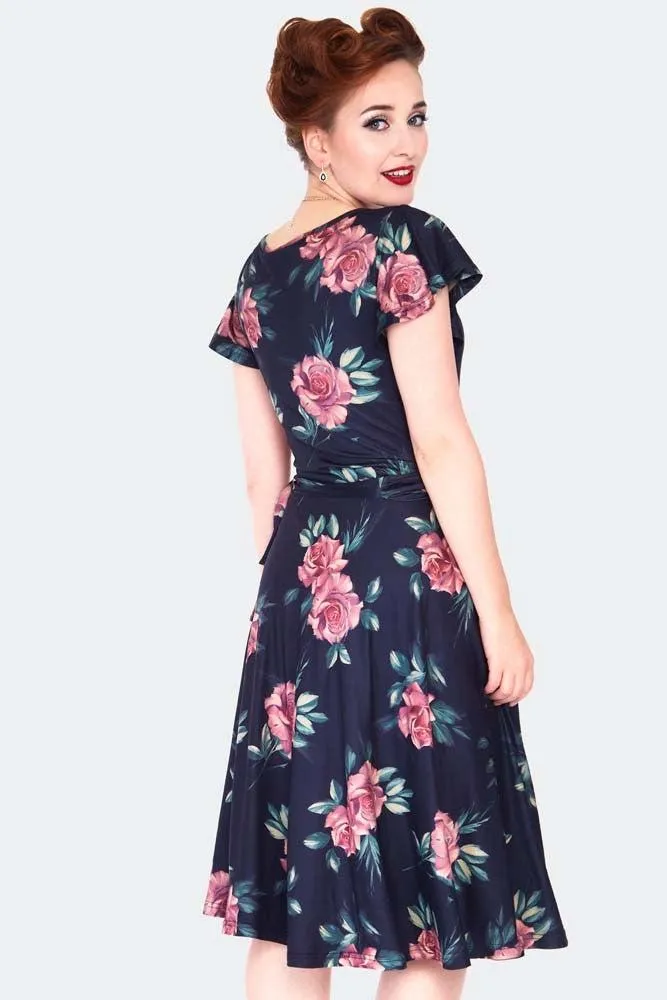 Dark Floral Flutter Sleeve Wrap Dress