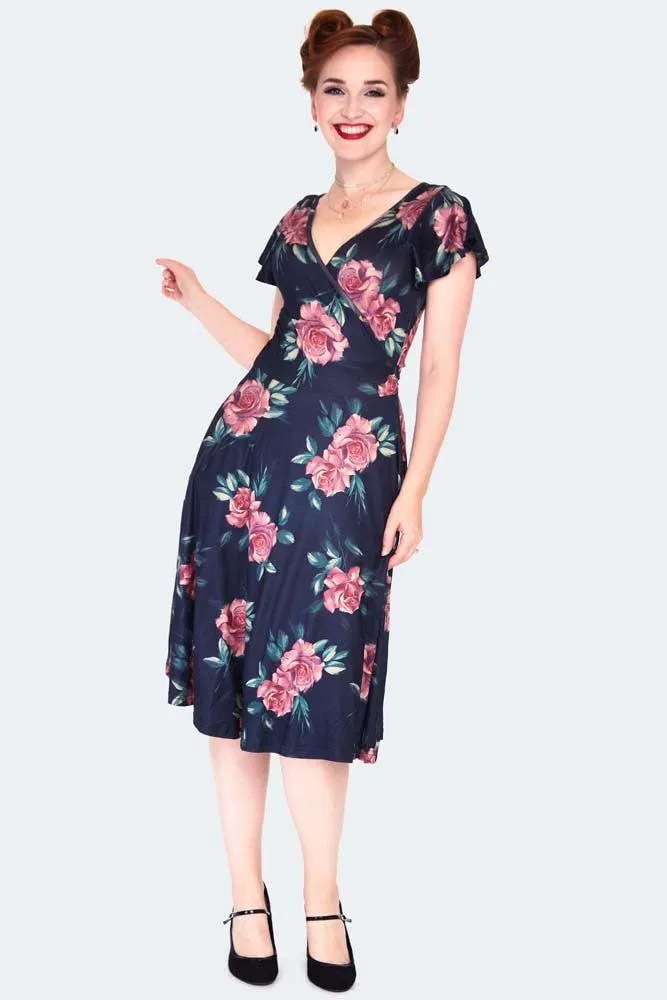 Dark Floral Flutter Sleeve Wrap Dress