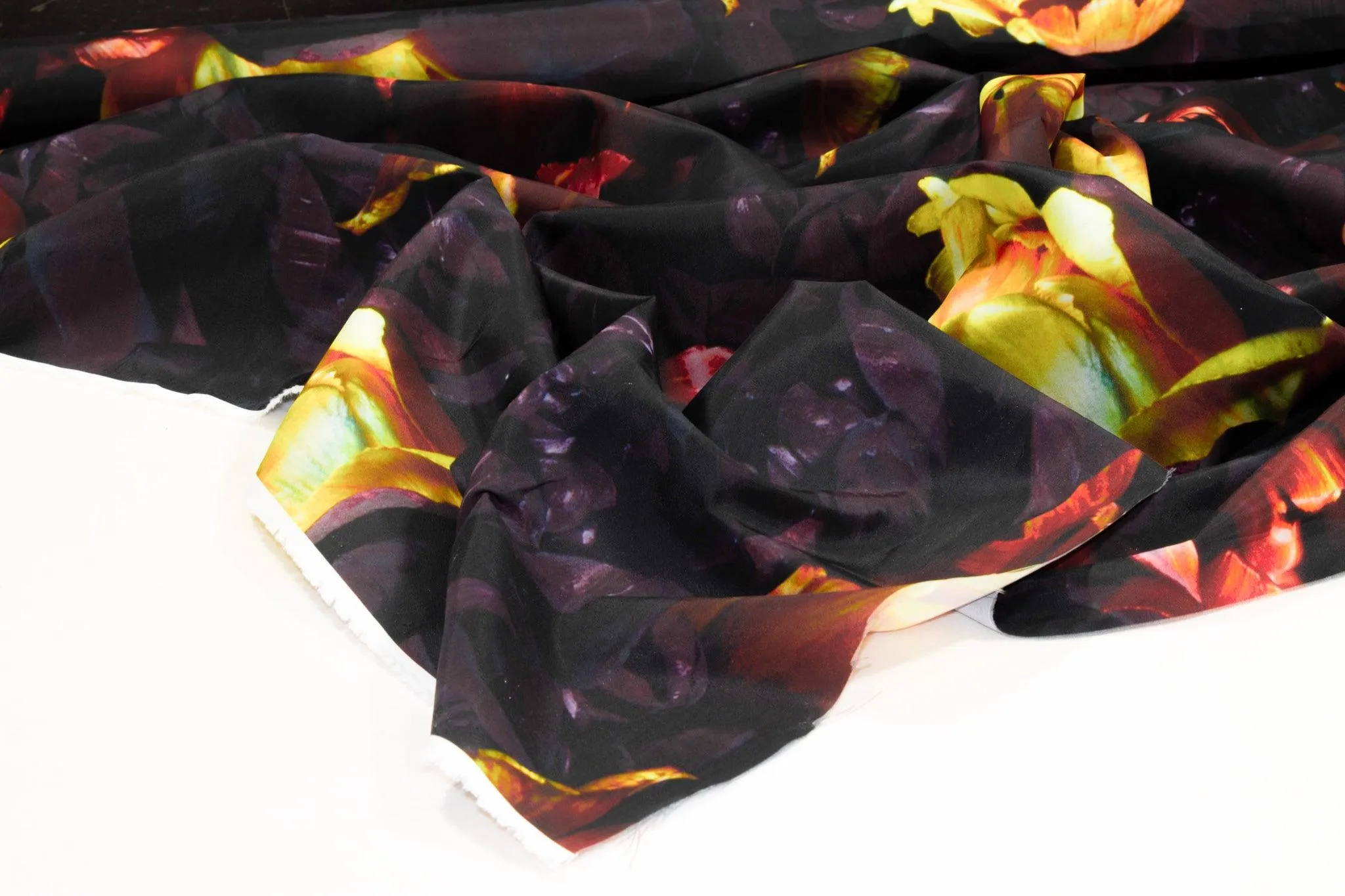 Dark Floral French Polyester - Yellow, Orange, Purple