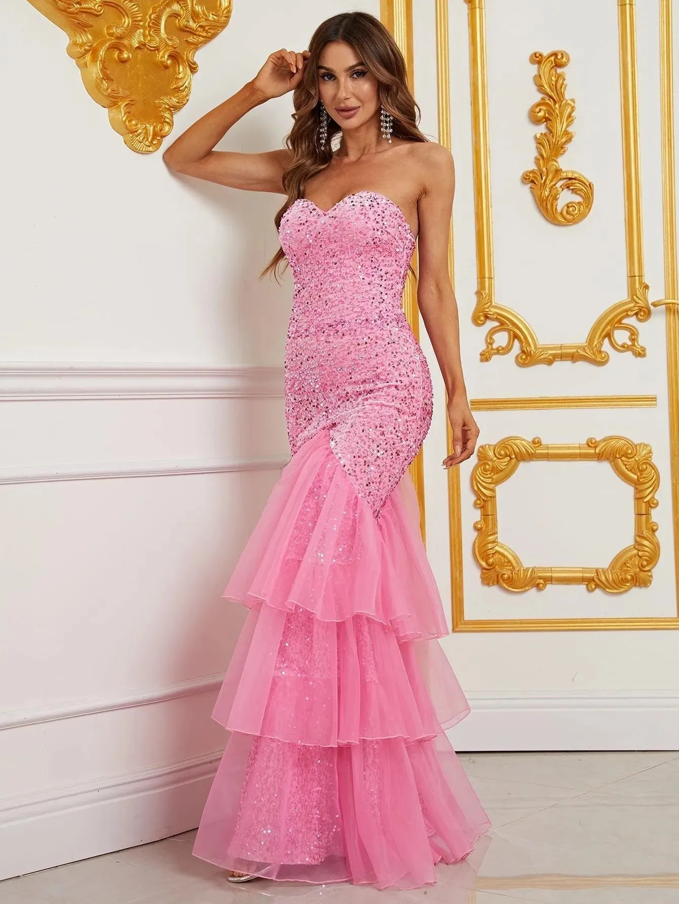 Elegant Mesh Overlay Mermaid Hem Sequin Prom Dress