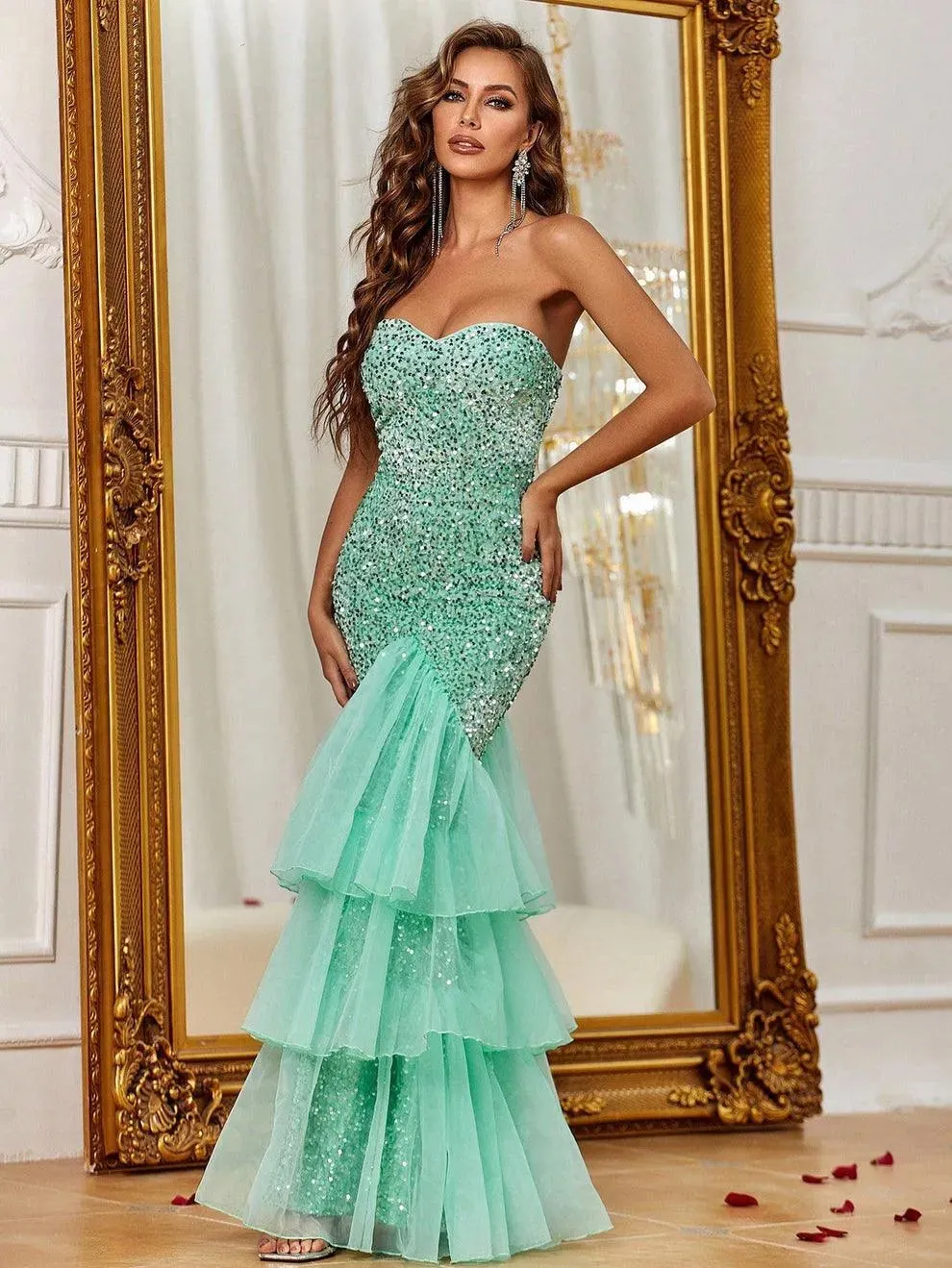 Elegant Mesh Overlay Mermaid Hem Sequin Prom Dress