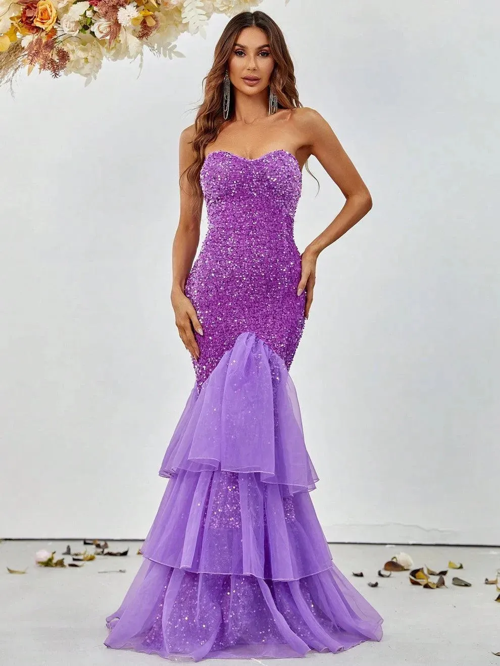 Elegant Mesh Overlay Mermaid Hem Sequin Prom Dress