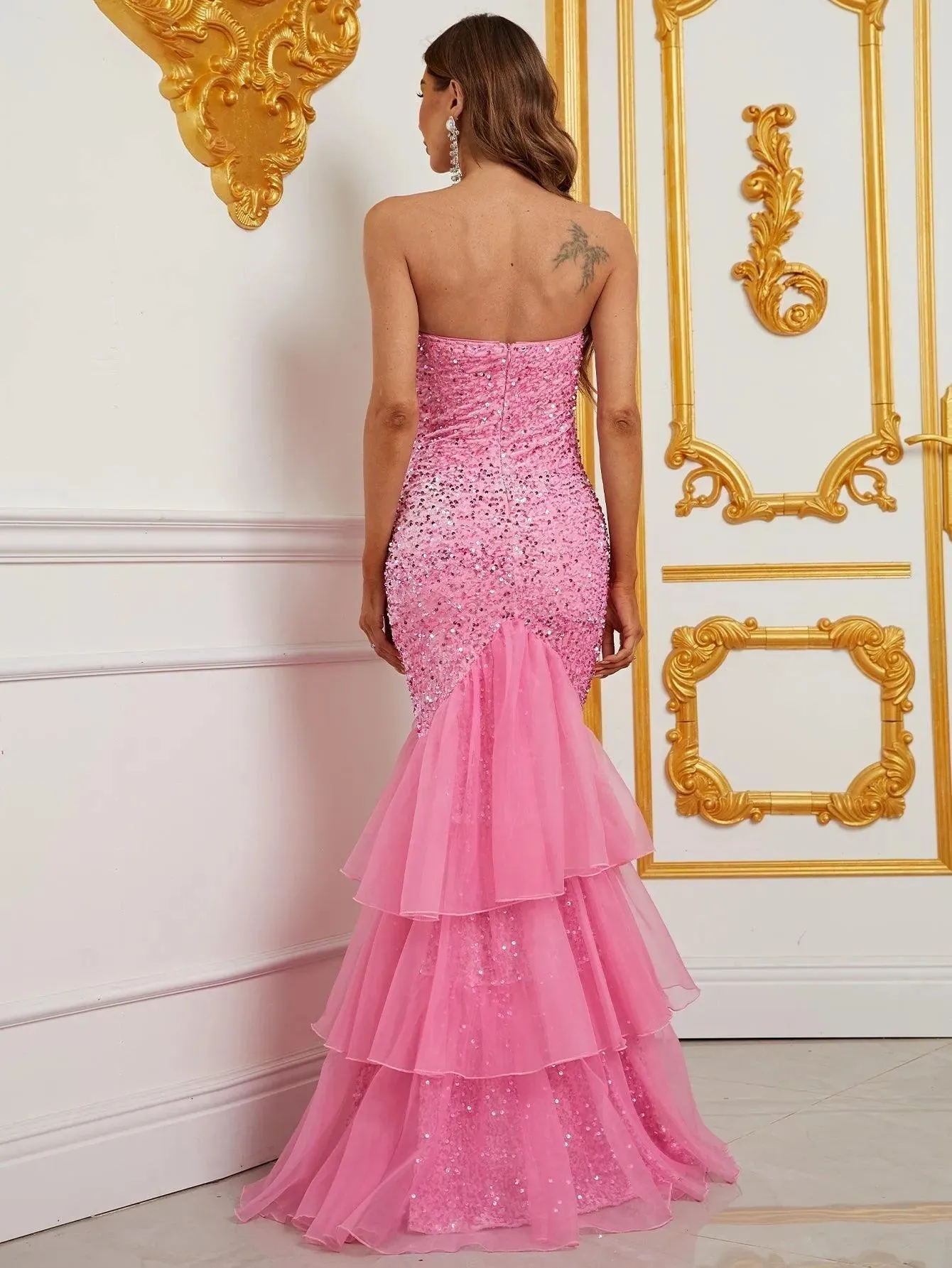 Elegant Mesh Overlay Mermaid Hem Sequin Prom Dress