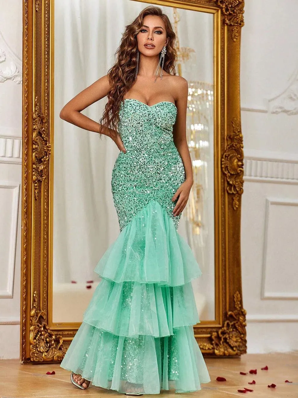 Elegant Mesh Overlay Mermaid Hem Sequin Prom Dress