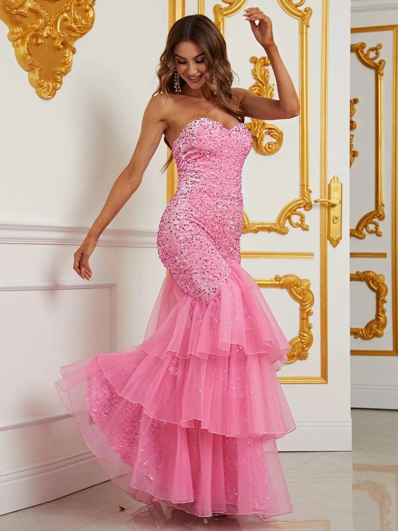 Elegant Mesh Overlay Mermaid Hem Sequin Prom Dress