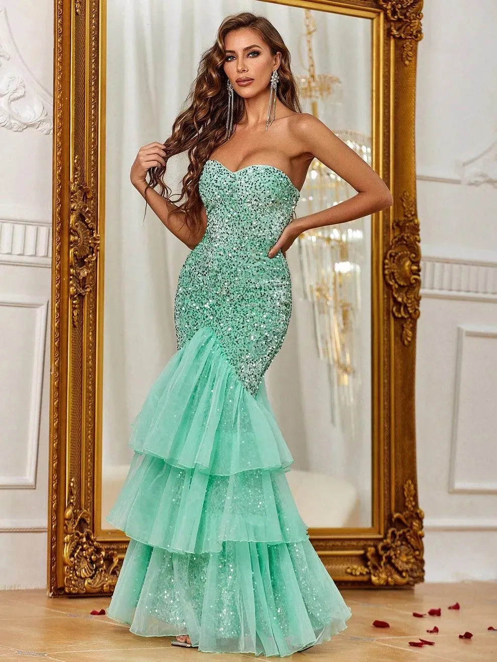 Elegant Mesh Overlay Mermaid Hem Sequin Prom Dress