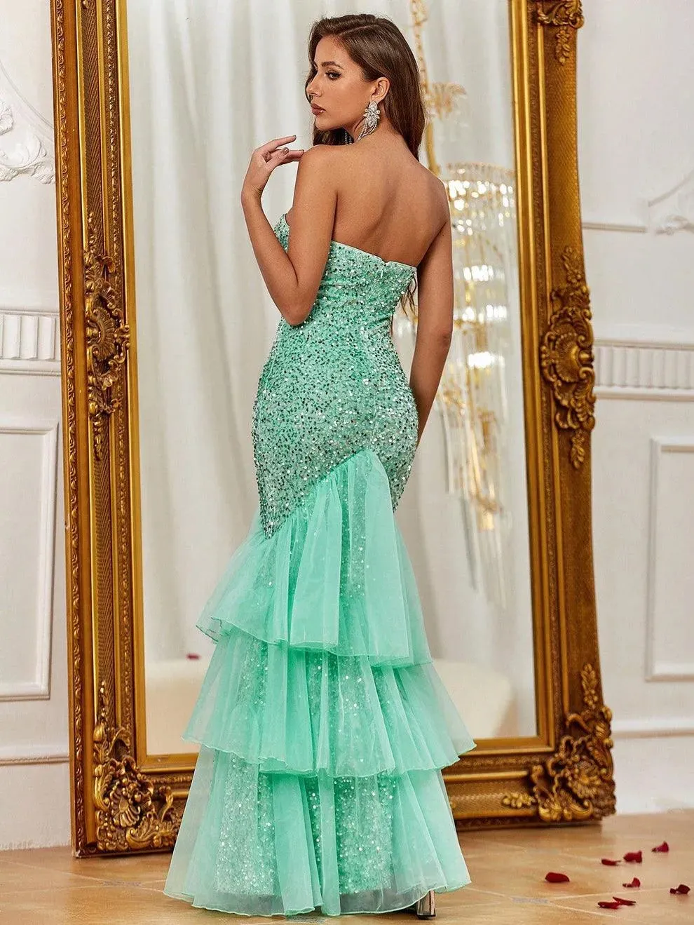 Elegant Mesh Overlay Mermaid Hem Sequin Prom Dress
