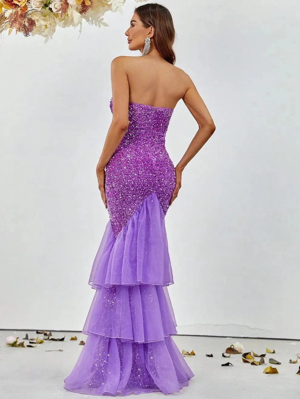 Elegant Mesh Overlay Mermaid Hem Sequin Prom Dress
