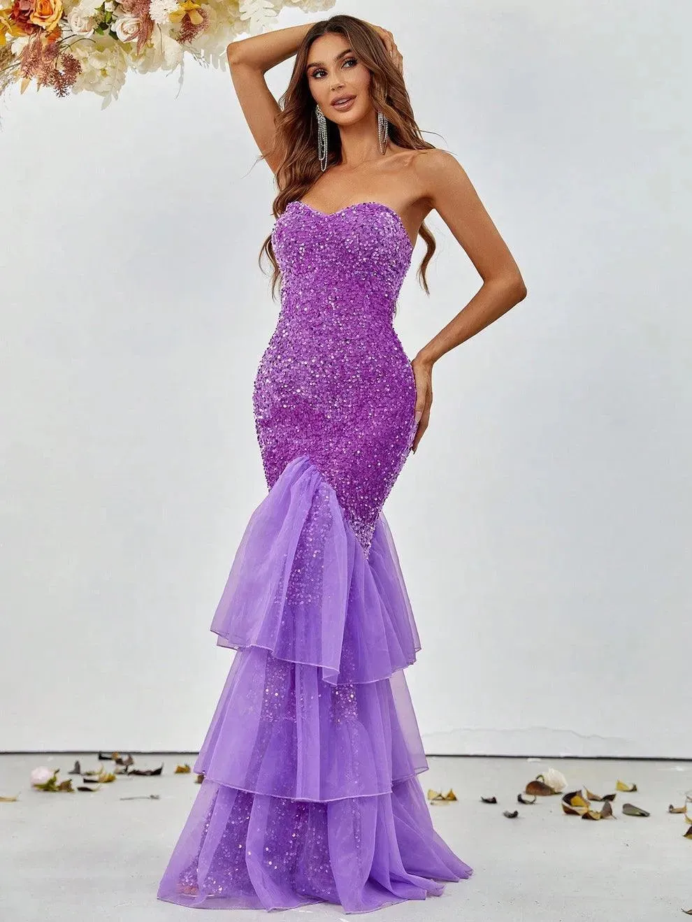 Elegant Mesh Overlay Mermaid Hem Sequin Prom Dress