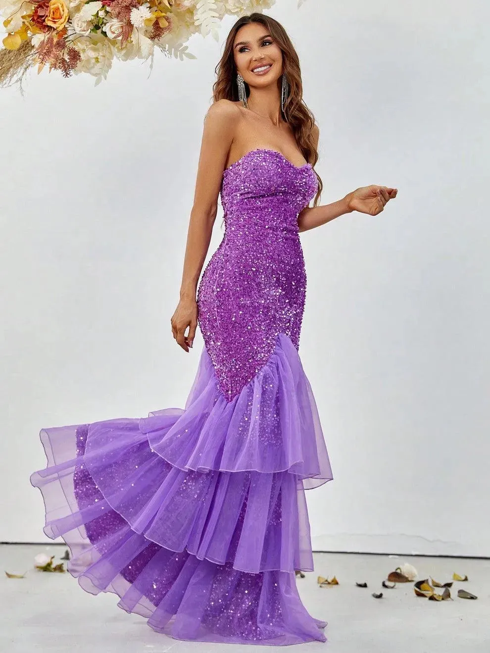 Elegant Mesh Overlay Mermaid Hem Sequin Prom Dress