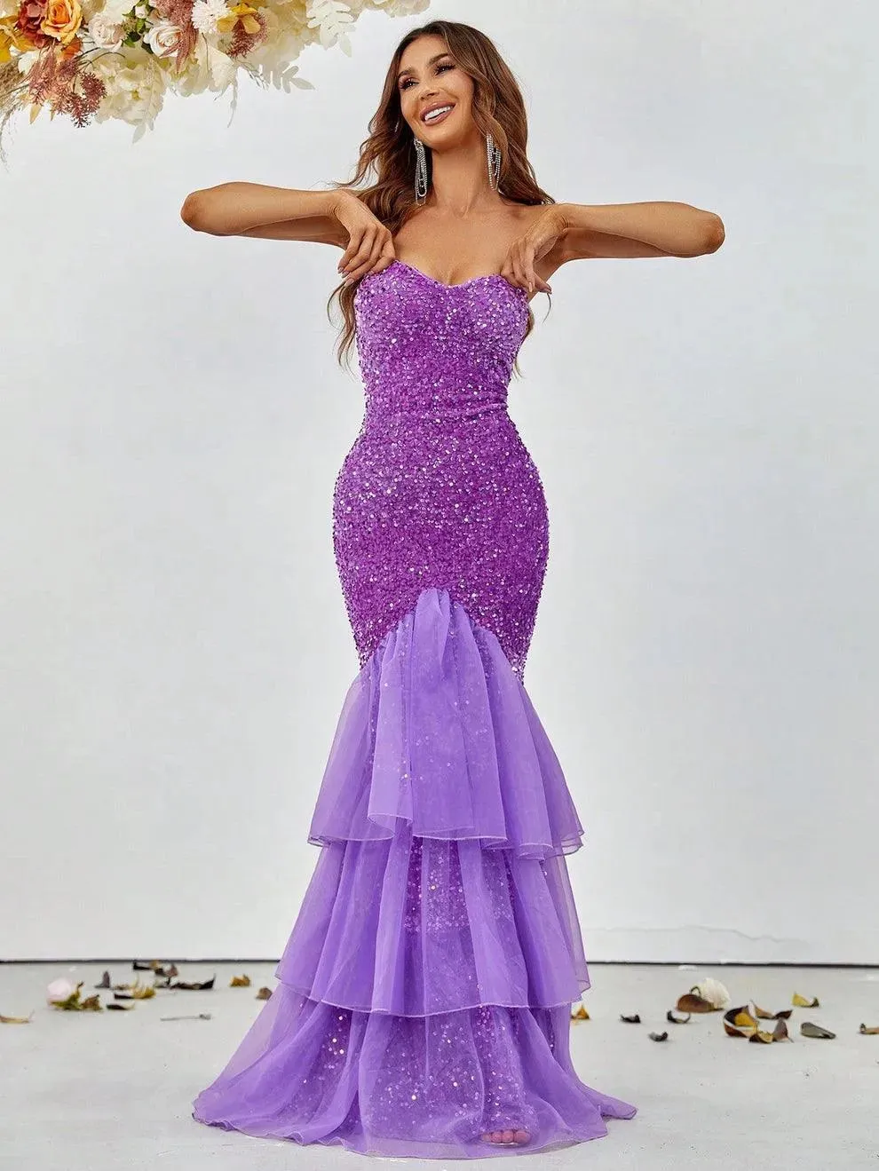 Elegant Mesh Overlay Mermaid Hem Sequin Prom Dress