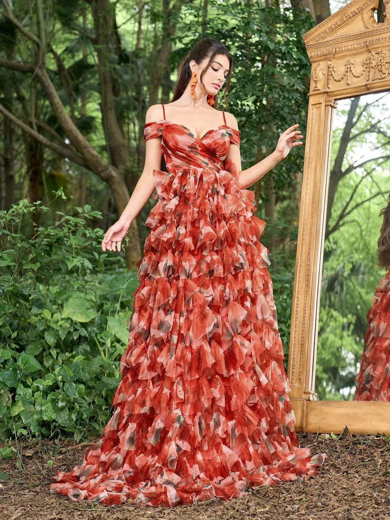 Elegant Off Shoulder Floral Printed Tulle Maxi Prom Dress