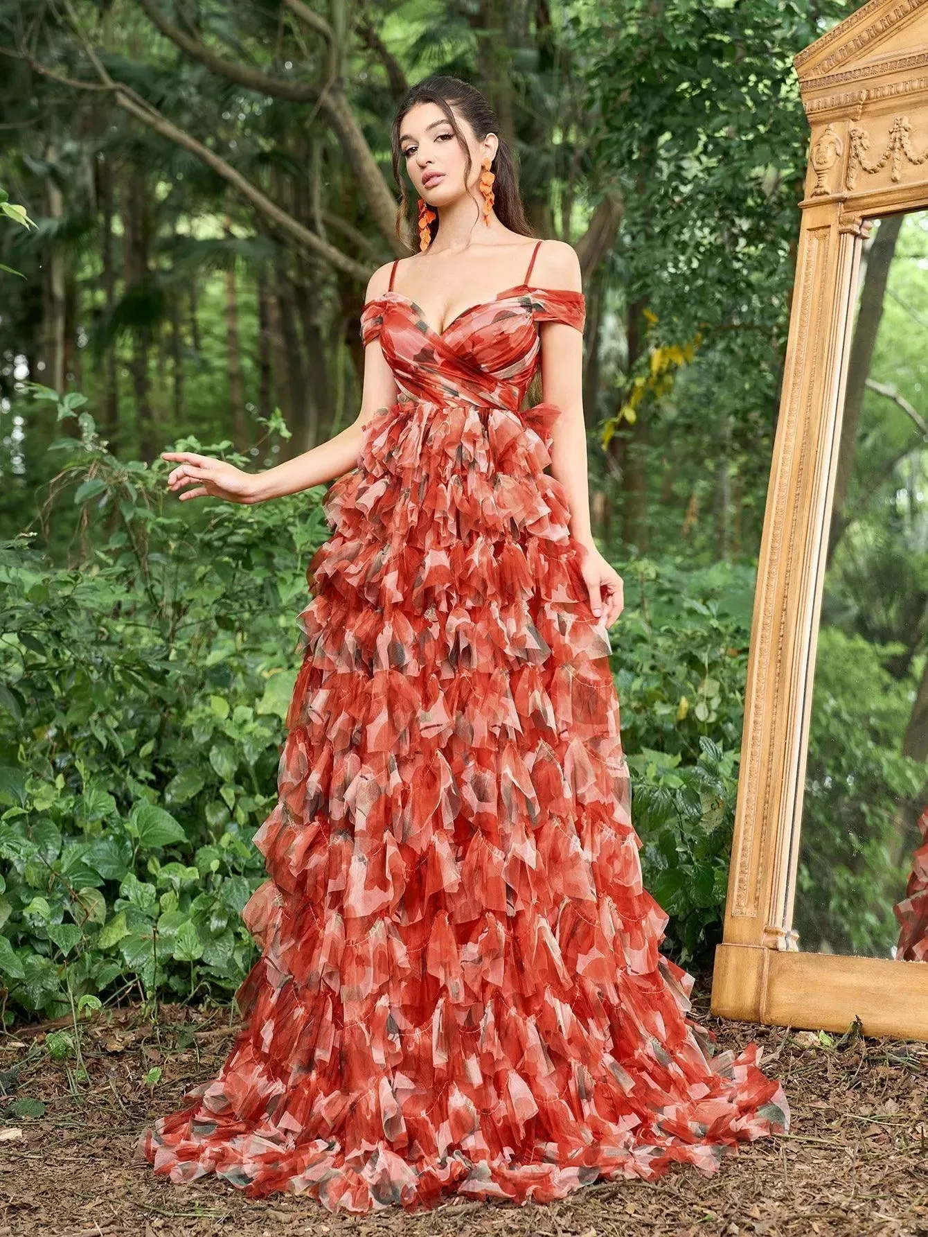 Elegant Off Shoulder Floral Printed Tulle Maxi Prom Dress