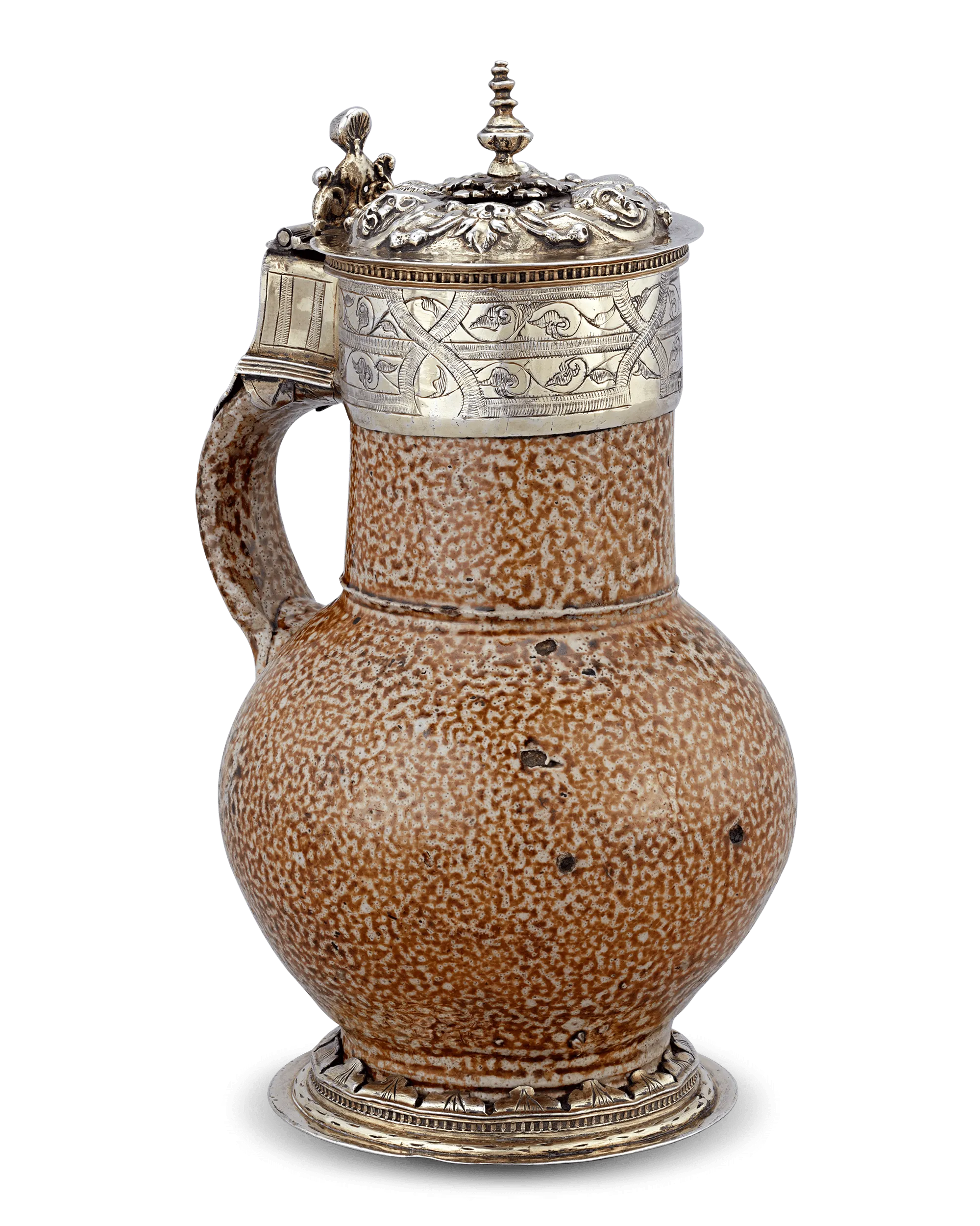 Elizabethan Tigerware Jug with Silver Gilt Mountings, Circa 1560