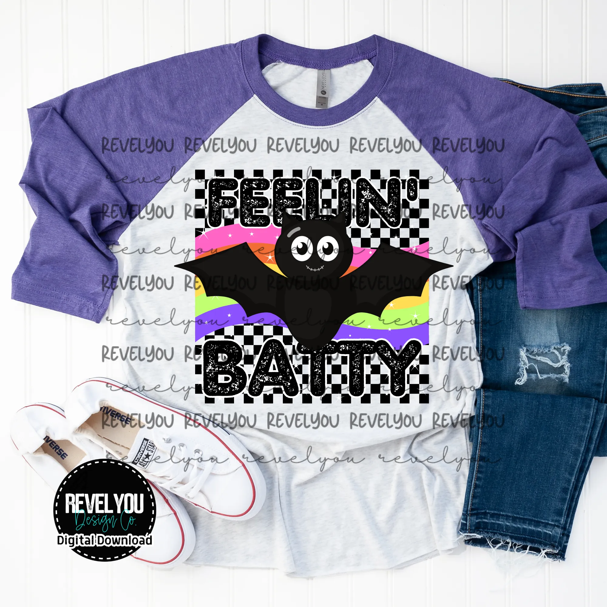 Feelin' Batty Retro Checkered Bat - PNG