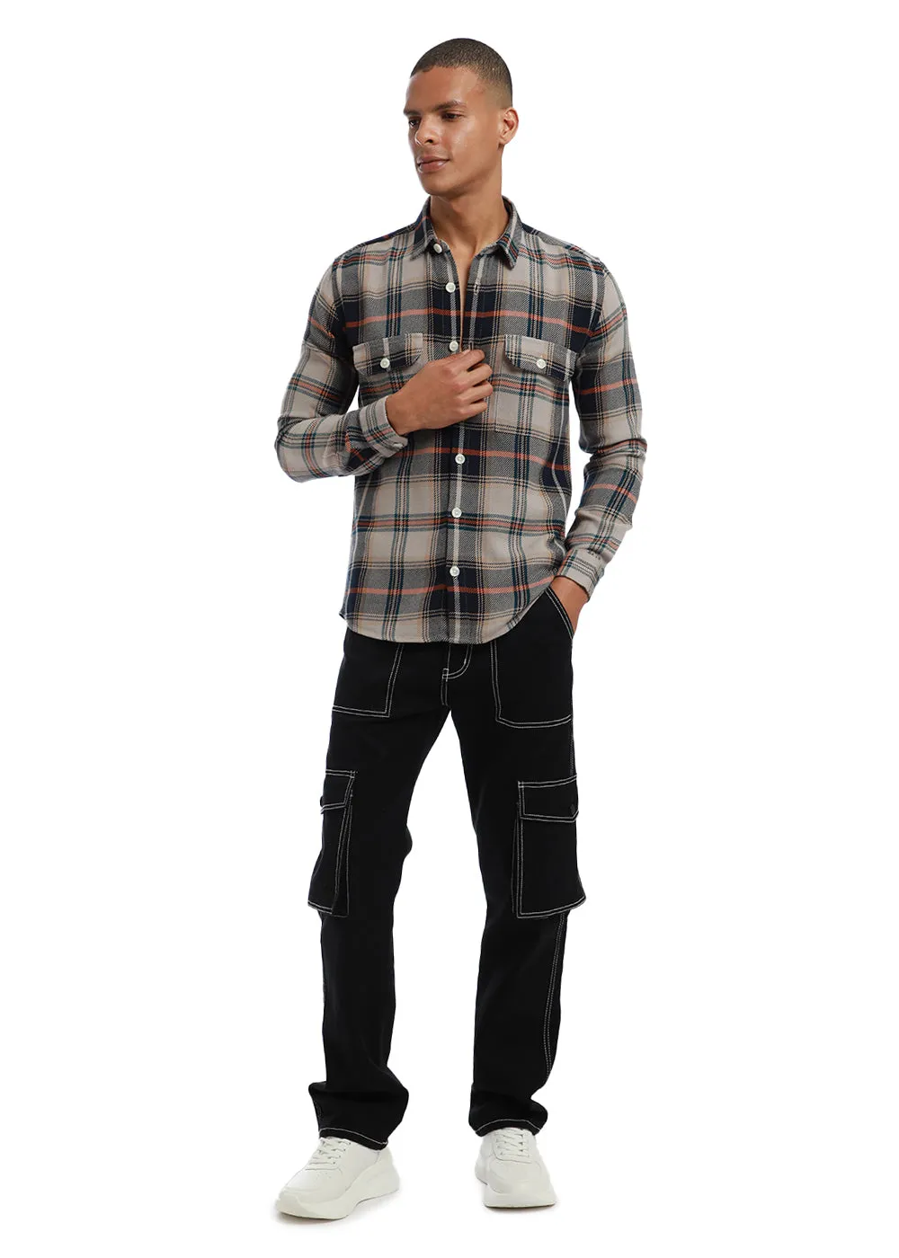 Grey Brushed Cotton Check Shirt