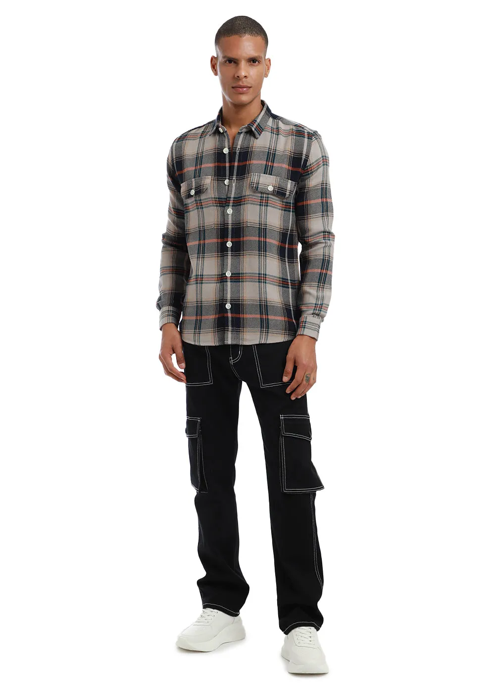 Grey Brushed Cotton Check Shirt
