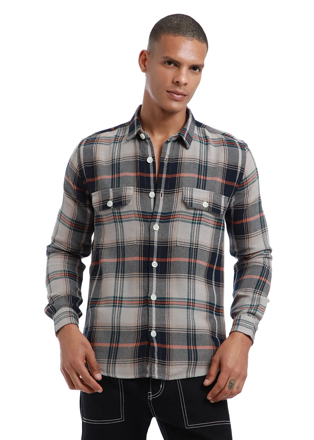 Grey Brushed Cotton Check Shirt