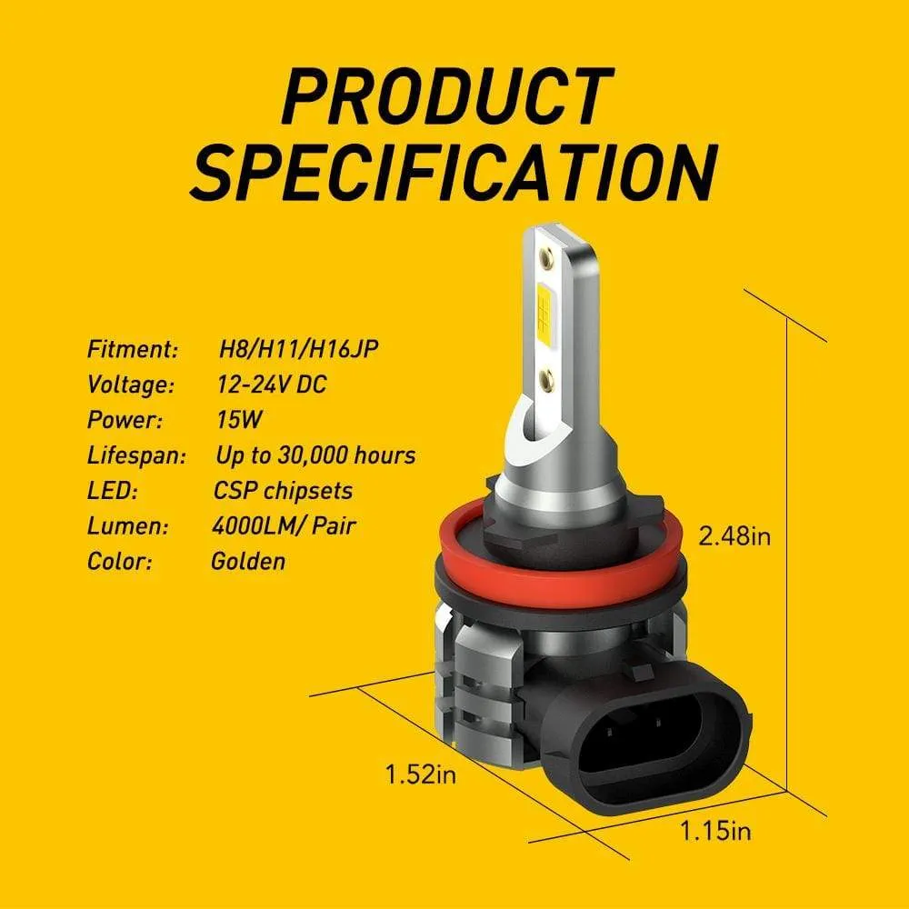 H11 H8 H9 H16 LED Fog Light Bulbs 4000 Lumens with CSP Chipsets Golden Yellow for DRL or Fog Lights Lamp Replacement