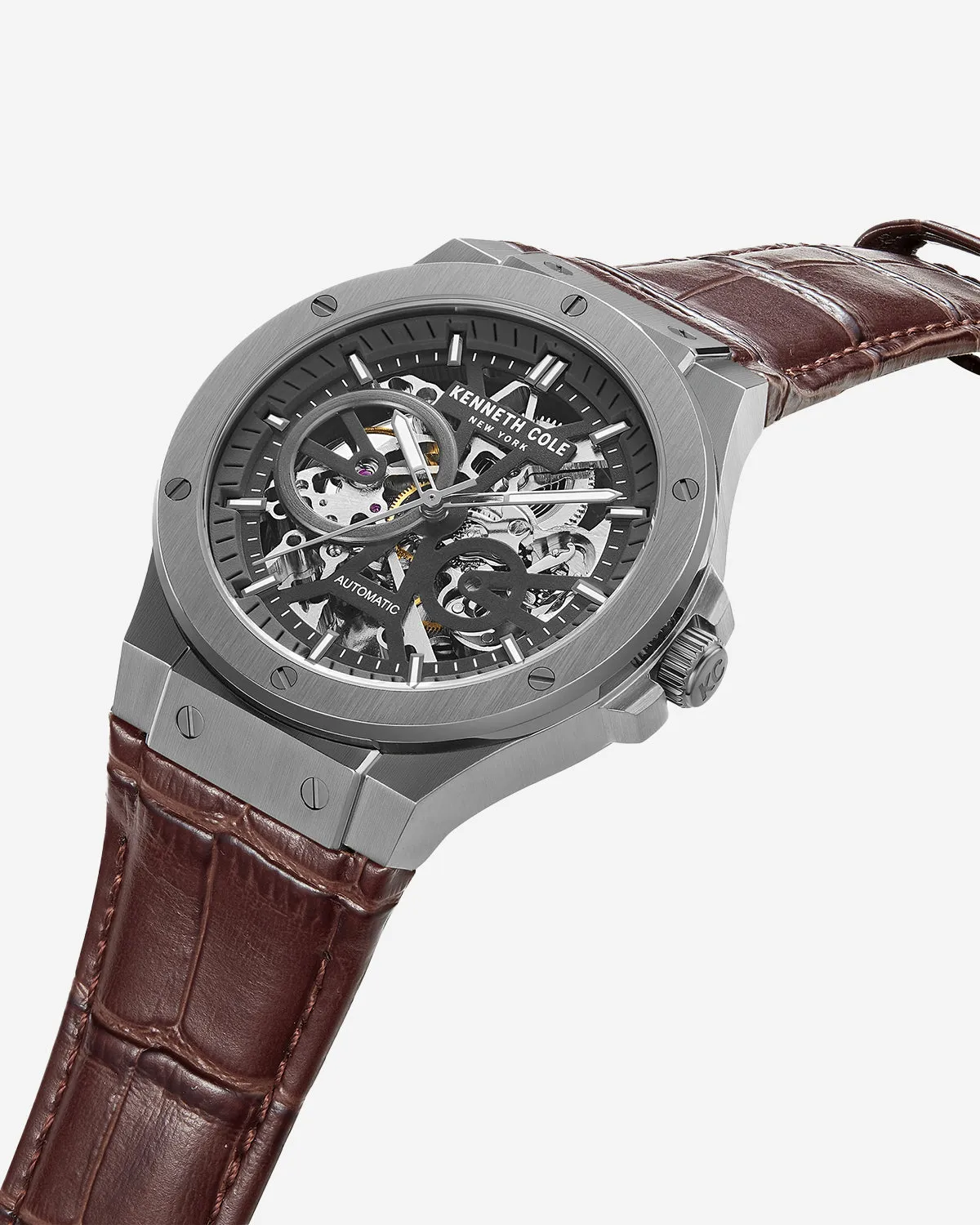 Kenneth Cole New York Automatic Gunmetal Watch with Brown Leather Strap